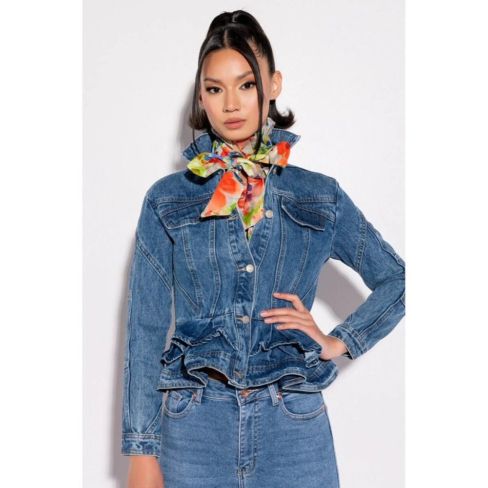 Azalea Wang  Blue Denim Ruffled Peplum Jacket Size Medium 100% Cotton - Picture 4 of 12